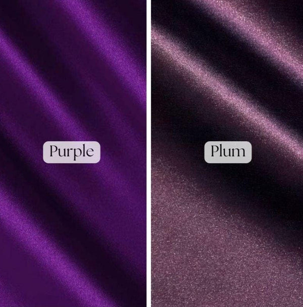 Stretch satin fabric swatch available for Bellz Couture semi-custom prom gown orders — fabric selection options in purples