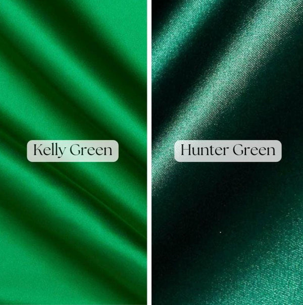 Stretch satin fabric swatch available for Bellz Couture semi-custom prom gown orders — fabric selection options in greens