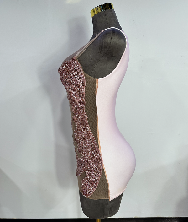 Sideview of luxury pink rhinestone dress by Bellz Couture