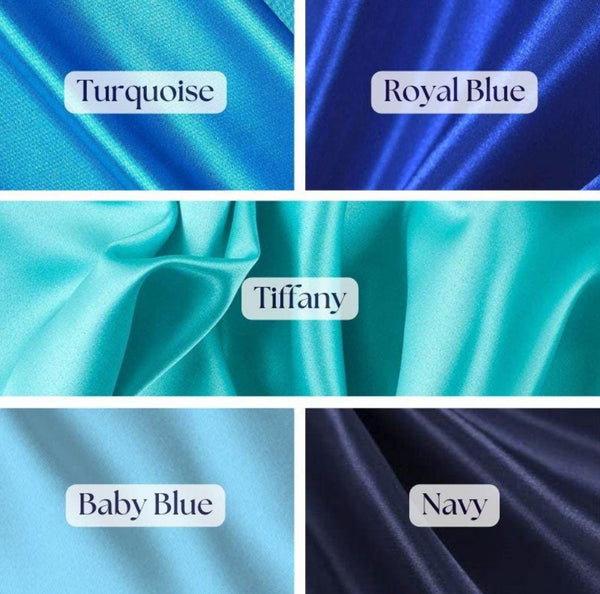 Stretch satin fabric swatch available for Bellz Couture semi-custom prom gown orders — fabric selection options in blues