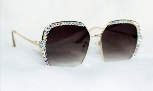 Sugar BB Crystal Sunnies - AB crystal rimmed sunglasses in brown on white fur by bellz couture