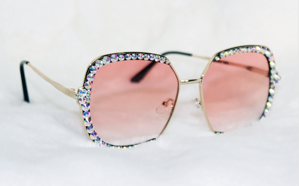 Sugar BB Crystal Sunnies — AB crystal luxury sunglasses in rosé on white fur by Bellz Couture