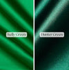 Stretch satin fabric swatch available for Bellz Couture semi-custom prom gown orders — fabric selection options in greens