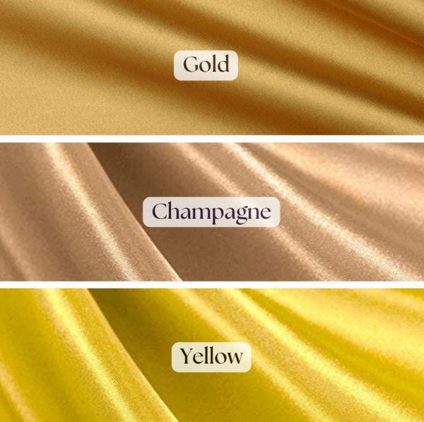 Stretch satin fabric swatch available for Bellz Couture semi-custom prom gown orders — fabric selection option in gold
